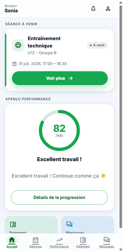 Esporly MyKid parent app showing the next training session and a performance score
